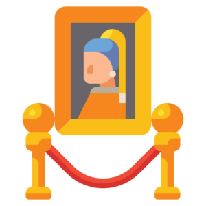 Un dipinto di una donna su una cornice d'oro con una corda rossa